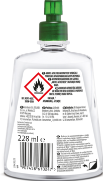 Tył białej butelki płynu do dezynfekcji rąk z zieloną pompką, widoczne ostrzeżenie o łatwopalności i 228 ml.