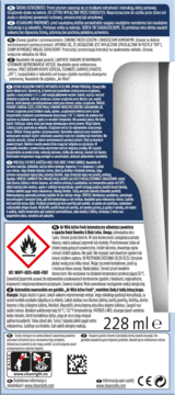 Tył opakowania Air Wick Active Fresh, odświeżacza powietrza, z niebiesko-białą etykietą, tekstem i piktogramem łatwopalności, 228 ml.