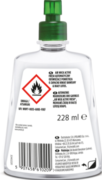 Tył białego Air Wick Active Fresh, automatyczny odświeżacz 228 ml, zielona pompka, ostrzeżenie o palności.