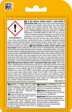 Żółty blister Air Wick, odświeżacz powietrza Mango, tył z symbolami ostrzegawczymi, składem 19ml.