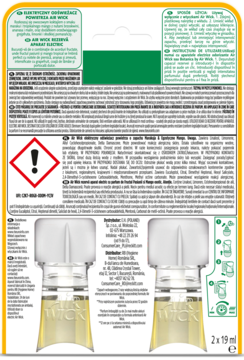 Tył pomarańczowo-żółtego opakowania dwóch wkładów Air Wick 2x19 ml do odświeżacza powietrza, widoczne ostrzeżenia i napisy.