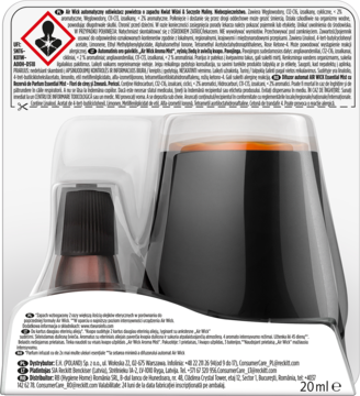 Tył opakowania odświeżacza powietrza w blistrze, ciemne butelki z pomarańczowymi nakrętkami i ostrzeżeniami.