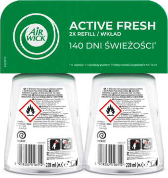 Dwa białe wkłady Air Wick Active Fresh, 2x228ml, na 140 dni świeżości, z zielonym opakowaniem i etykietami ostrzegawczymi.