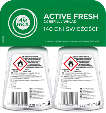 Dwa wkłady Air Wick Active Fresh 2x Refill, białe butelki widoczne od tyłu, z kodami i ostrzeżeniami, 140 dni świeżości.