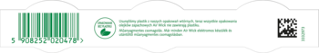 Tył białego opakowania z zielonym kodem kreskowym, logo recyklingu, tekstem o 100% recyklingu plastiku i kodem QR.
