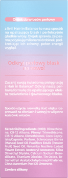 Opis produktu Olejek do włosów perłowy Hair in Balance ze składem INCI i instrukcją użycia, na pastelowym tle.