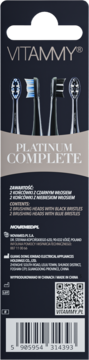 Tył opakowania Vitammy Platinum Complete: cztery wymienne główki szczoteczki, dwie z czarnym i dwie z niebieskim włosiem. Dane produktu.