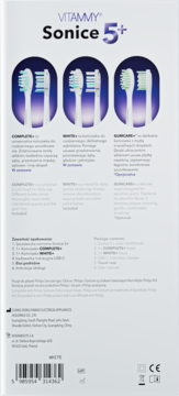 Tył opakowania VITAMMY Sonice 5+ z obrazami główek: Complete+, White+, Gumcare+. Widoczna lista zawartości.