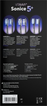 Opakowanie VITAMMY Sonice 5+ szczoteczki sonicznej, prezentujące trzy typy główek: Complete+, White+, Sunicare+.