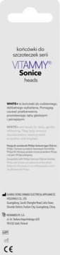 Tył opakowania Vitammy White+ sonicznych końcówek wybielających, z polskim opisem, danymi producenta i symbolami CE.
