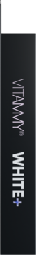 Czarne, matowe opakowanie produktu VITAMM WHITE+ z białym, pionowym napisem, widok z boku.