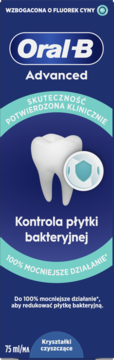 Oral-B Advanced pasta do zębów z fluorkiem cyny, ciemnoniebieskie opakowanie 75ml, kontrola płytki bakteryjnej.