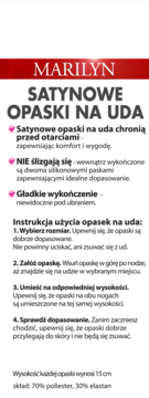 Biała karta produktu Marilyn z informacjami o satynowych opaskach na uda: cechy, skład, instrukcje.