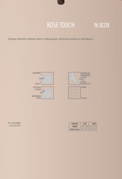Tył jasnoróżowego opakowania kabaretek ROSE TOUCH 96 OCZEK z kwiatowym wzorem i tabelą rozmiarów.