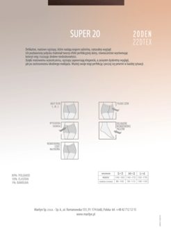 Arkusz informacyjny rajstop damskich Marilyn SUPER 20 DEN z opisem, składem materiału i tabelą rozmiarów.