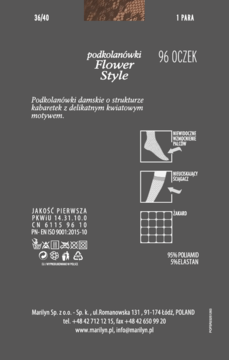 Podkolanówki Flower Style 96 OCZEK, kabaretki z kwiatowym wzorem, widok przodu szarego opakowania.