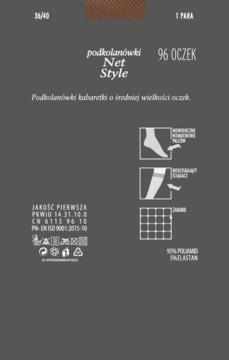 Ciemne opakowanie brązowych podkolanówek kabaretek Net Style 96 oczek, rozmiar 36/40, widok z przodu.