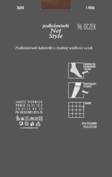 Front opakowania podkolanówek kabaretek Net Style o średnich oczkach. Szare tło, białe napisy, ikony.
