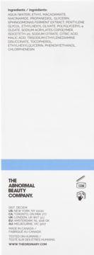Białe opakowanie emulsji The Ordinary z niacynamidem, tył z pełną listą składników i danymi firmy.