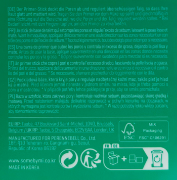 Tył zielonego opakowania Some By Mi Primer Stick z wielojęzycznymi instrukcjami, logo FSC i symbolami recyklingu.
