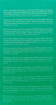 Zielone tło z wielojęzycznym tekstem opisującym naprawcze serum Spirulina PDRN do skóry wrażliwej.