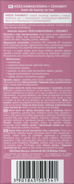 Tył różowego opakowania kremu Green Pharmacy Róża Damasceńska + Ceramidy na noc z opisem i kodem kreskowym.