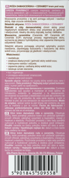 Tył opakowania kremu pod oczy Green Pharmacy RÓŻA DAMASCEŃSKA + CERAMIDY, biało-różowe, z opisami i kodem kreskowym.