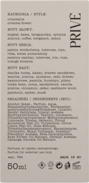 Tył opakowania Prive perfumy 50ml, beżowe tło, czarny tekst z orientalno-kwiatowymi nutami zapachowymi i składnikami INCI.