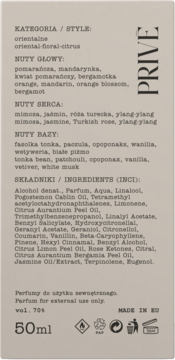Tylna etykieta perfum PRIVE 50ml, beżowe tło, z listą nut: pomarańcza, mimoza, wanilia i składem INCI.