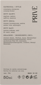 Tył opakowania perfum PRIVE 50ml, z listą składników INCI, nutami orientalno-kwiatowymi i danymi produkcyjnymi.