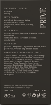 Tył opakowania perfum PRIVE 50ml. Czarna etykieta z listą składników, nut zapachowych i stylem drzewnym.