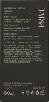 Tył perfum PRIVE 50ml, cytrusowych. Widoczne nuty głowy: bergamotka, imbir, skład INCI.