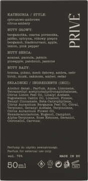 Tył opakowania perfum Prive 50ml, czarny kartonik z białym tekstem. Nuty cytrusowo-ambrowe i lista składników INCI.