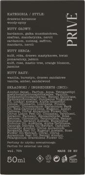 Tył opakowania perfum PRIVE 50ml, ciemne tło z nutami zapachowymi drzewno-korzennymi i listą składników.