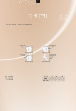 Opakowanie klasycznych rajstop Point Style 20 DEN w kropki. Widok z przodu z detalami i tabelą.
