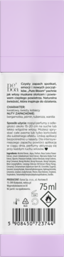 Tył opakowania perfum Neboa Pure Bloom 75ml, z opisem naturalnej świeżości, nutami bergamotki, wanilii.