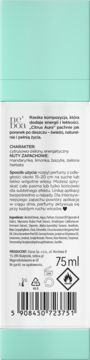 Tył etykiety perfum do włosów Neboa Citrus Basil Aura 75 ml, z czarnym tekstem na białym tle i kodem kreskowym.