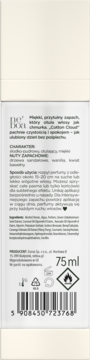 Tył białego opakowania Neboa Cotton Cloud Perfumy do włosów 75ml ze składem, instrukcją i kodem kreskowym.