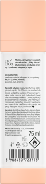 Tył butelki perfum do włosów Neboa Silky Nude 75ml, biała etykieta z opisem, składnikami, kodem kreskowym i ikonami.