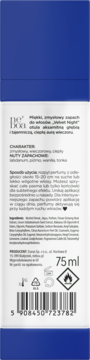 Tył ciemnoniebieskiej butelki Neboa Hair Perfumes Velvet Night 75ml z białą etykietą, składem, kodem kreskowym.