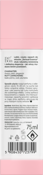 Tył różowo-białej butelki Neboa Sensual Essence perfum do włosów 75 ml, z tekstem i składnikami.