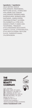 Tył etykiety serum The Ordinary Hyaluronic Acid 2% + B5, widoczna lista składników i dane firmy, symbole.