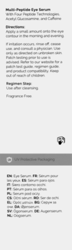 Tył opakowania serum Multi-Peptide Eye Serum z opisem, instrukcją użycia, ostrzeżeniami i tłumaczeniami.