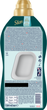 Tył butelki płynu Silan do płukania tkanin 1364ml, tealowy, z etykietą, kodem kreskowym i instrukcjami użycia.