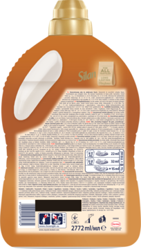 Tył brązowego koncentratu Silan aromatherapy do płukania tkanin, etykieta z instrukcjami i logo producenta.