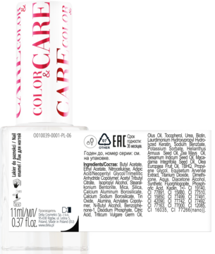 Tył butelki lakieru Delia Color&Care z białą etykietą, widoczne szczegóły produktu i lista składników, 11ml.