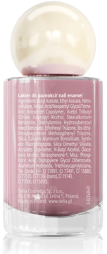 Tył różowego lakieru do paznokci Delia Cosmetics SPF 15, etykieta ze składnikami i napisem 'nail enamel'.
