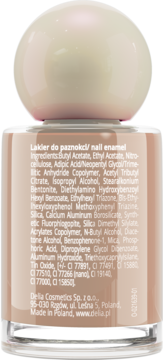 Tył beżowej butelki lakieru do paznokci Delia, widoczna lista składników i dane producenta.