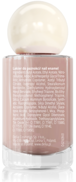 Tył butelki lakieru do paznokci Delia Cosmetics Sunny SPF 15, odcień 02 nude, z listą składników.