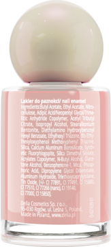 Delia lakier do paznokci w pastelowym różu, tył butelki z listą składników nail enamel.
